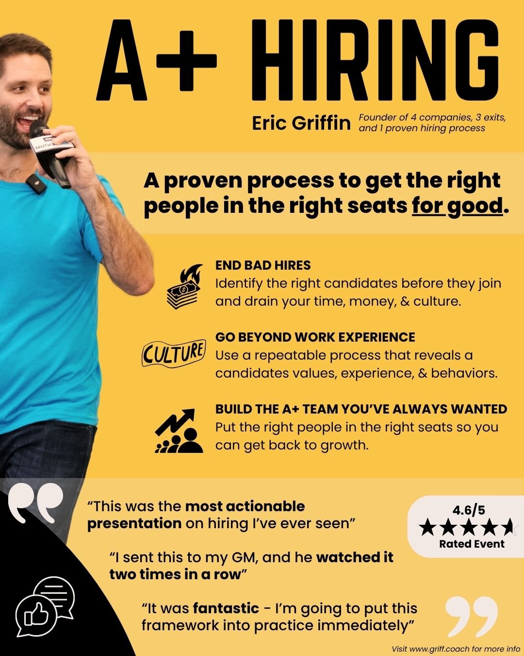 A+ Hiring speaking flyer: Eric Griffin, a proven process to get the right people in the right seats for good, with attendee testimonials and a 4.6/5 event rating